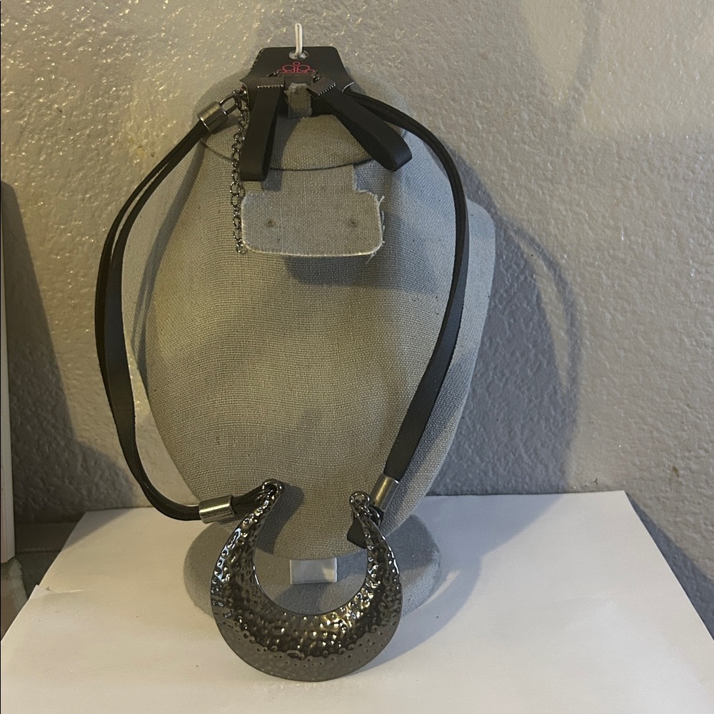 Elegant Black and Silver Necklace & Earrings- Leather Inspired.